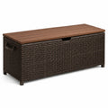 Baúl de ratán sintético con tapa de madera de acacia marrón 120 cm