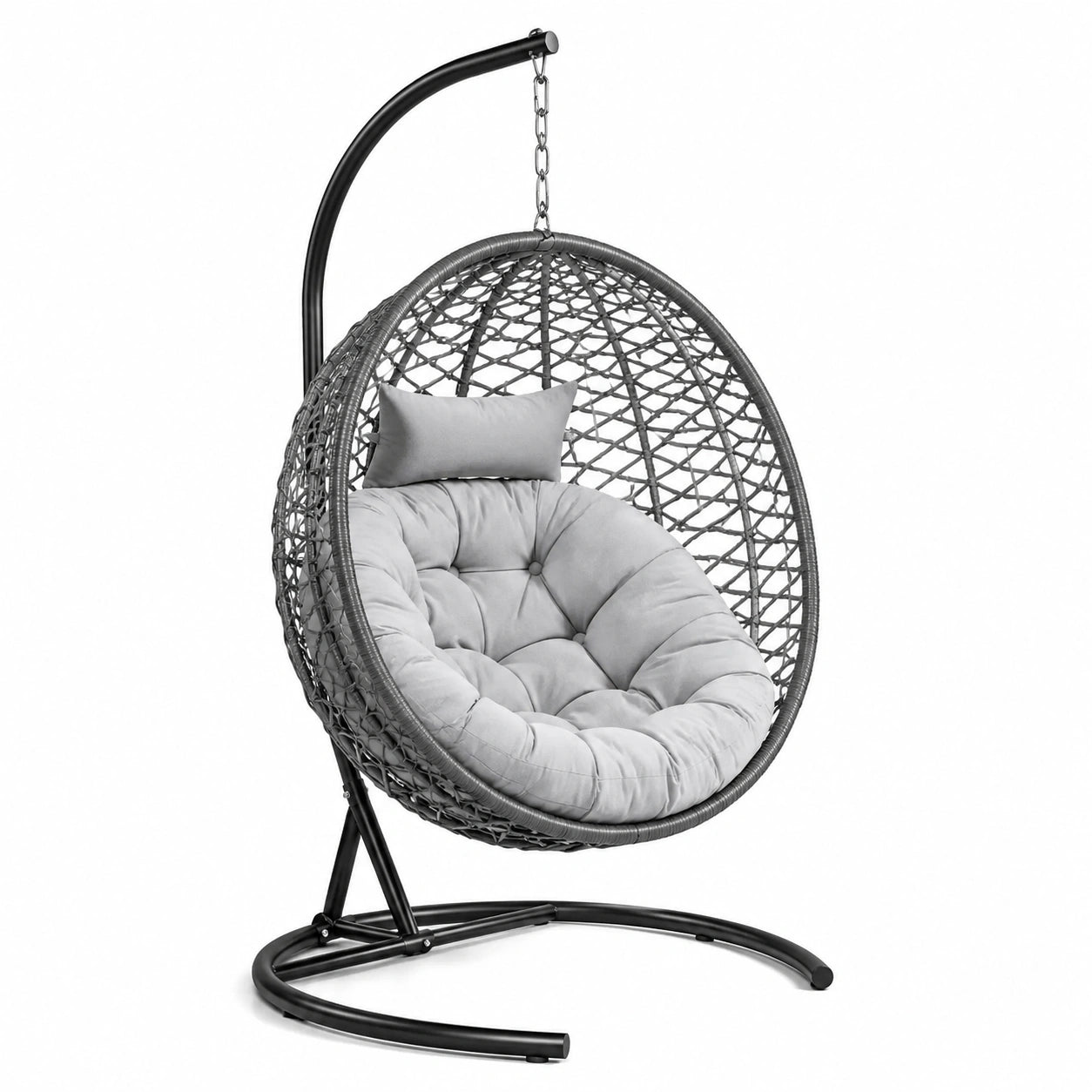 Silla colgante de ratán sintético con cojín gris y estructura de acero 120 kg