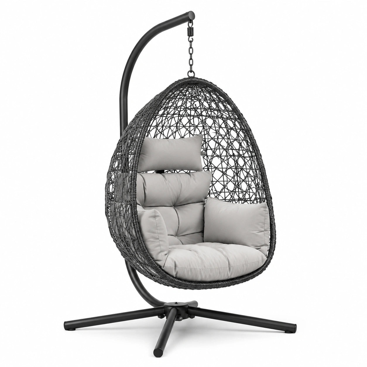 Sillón colgante de ratán con estructura de acero negro y cojines grises