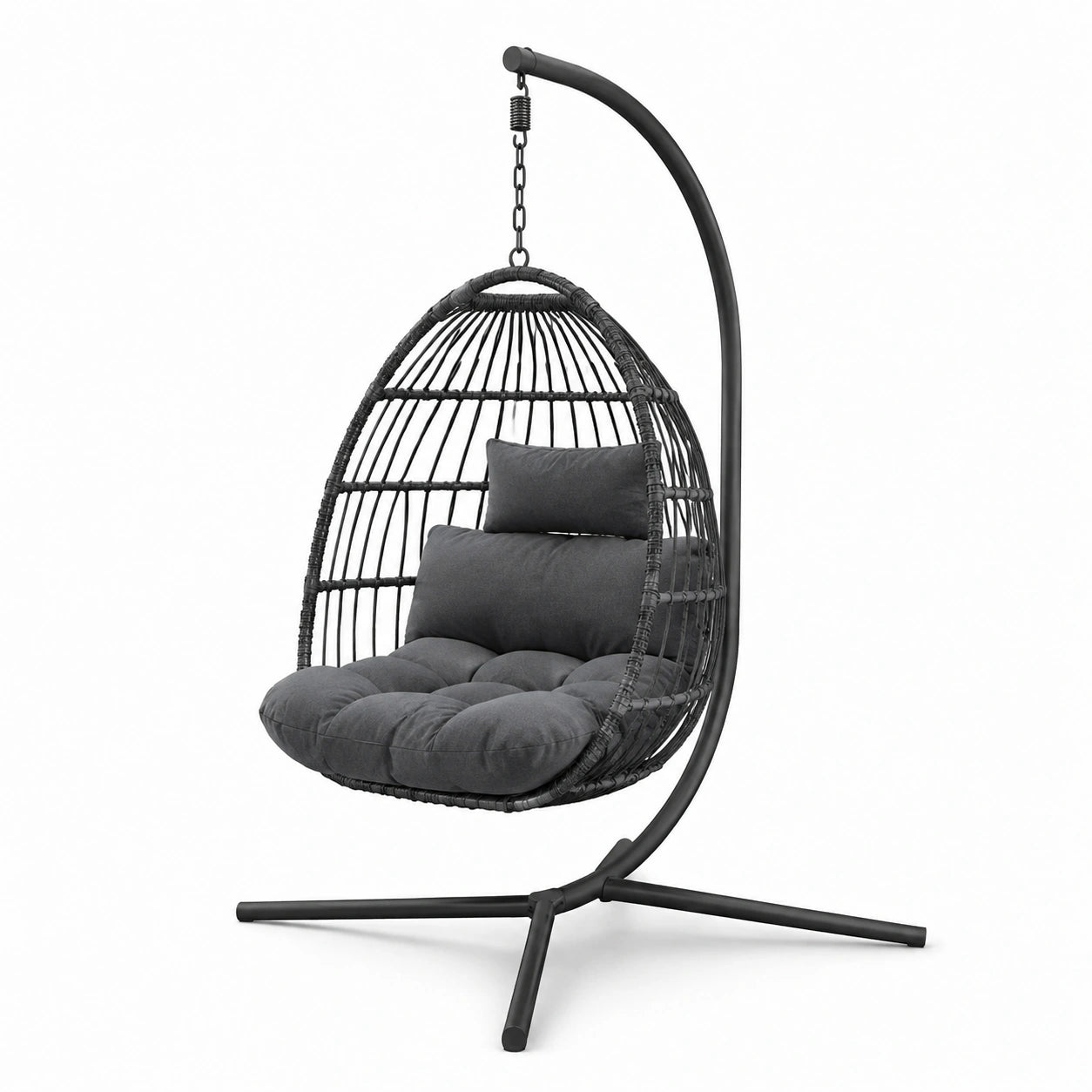 Silla colgante de ratán sintético con cojines de poliéster gris oscuro