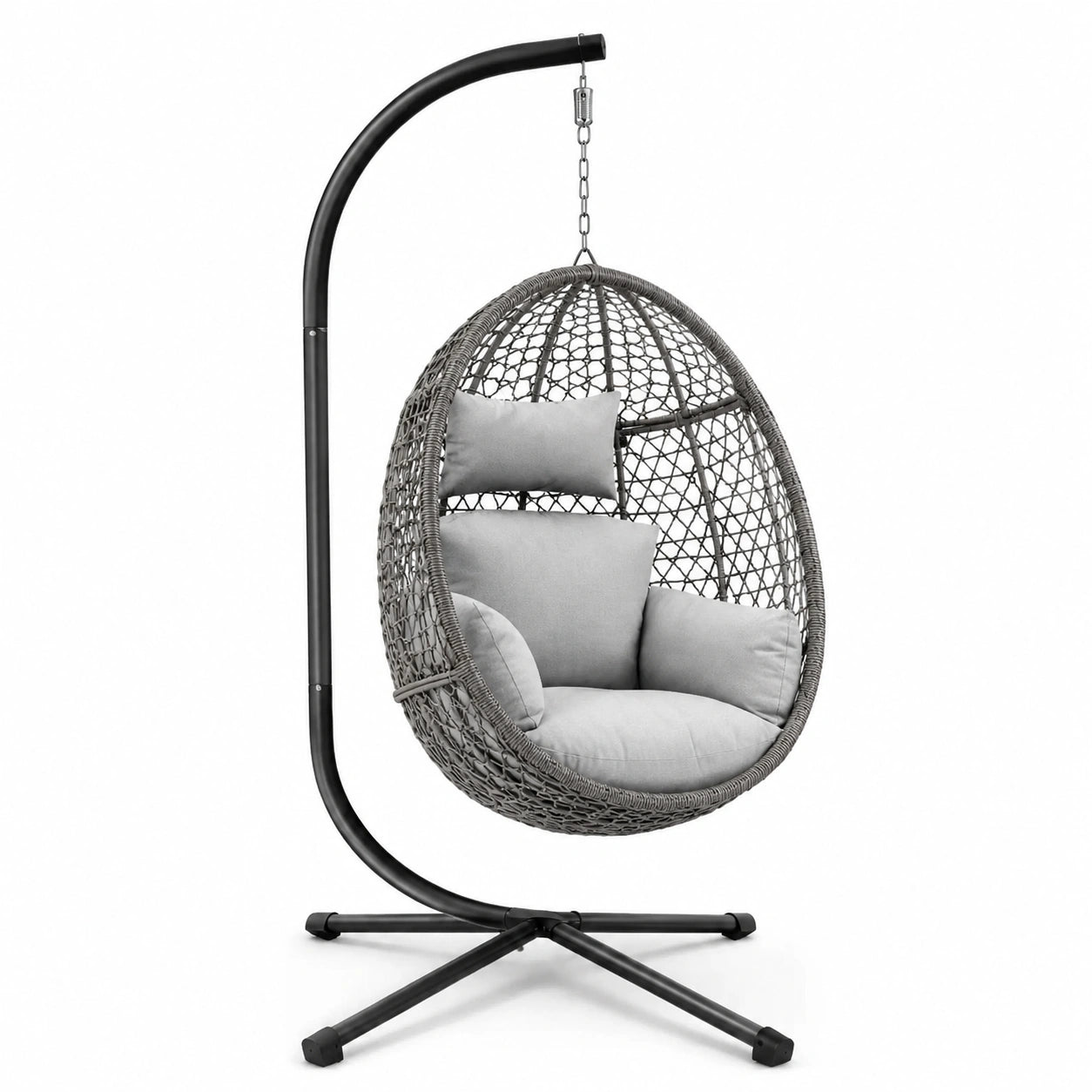 Sillón colgante de ratán sintético gris con soporte de acero negro