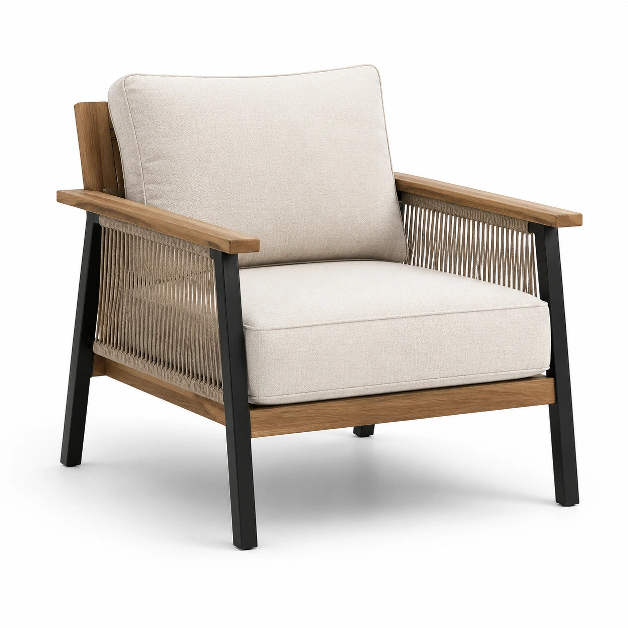 Sillón de madera y metal con cojines de poliéster crema