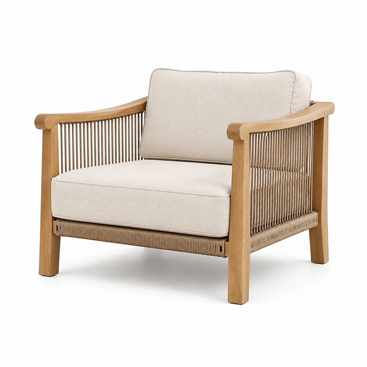 Sillón de madera y cuerda con cojines de algodón