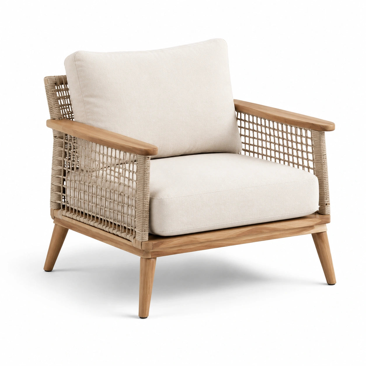 Sillón de madera de teca y cuerda con cojines beige 80x85x70 cm