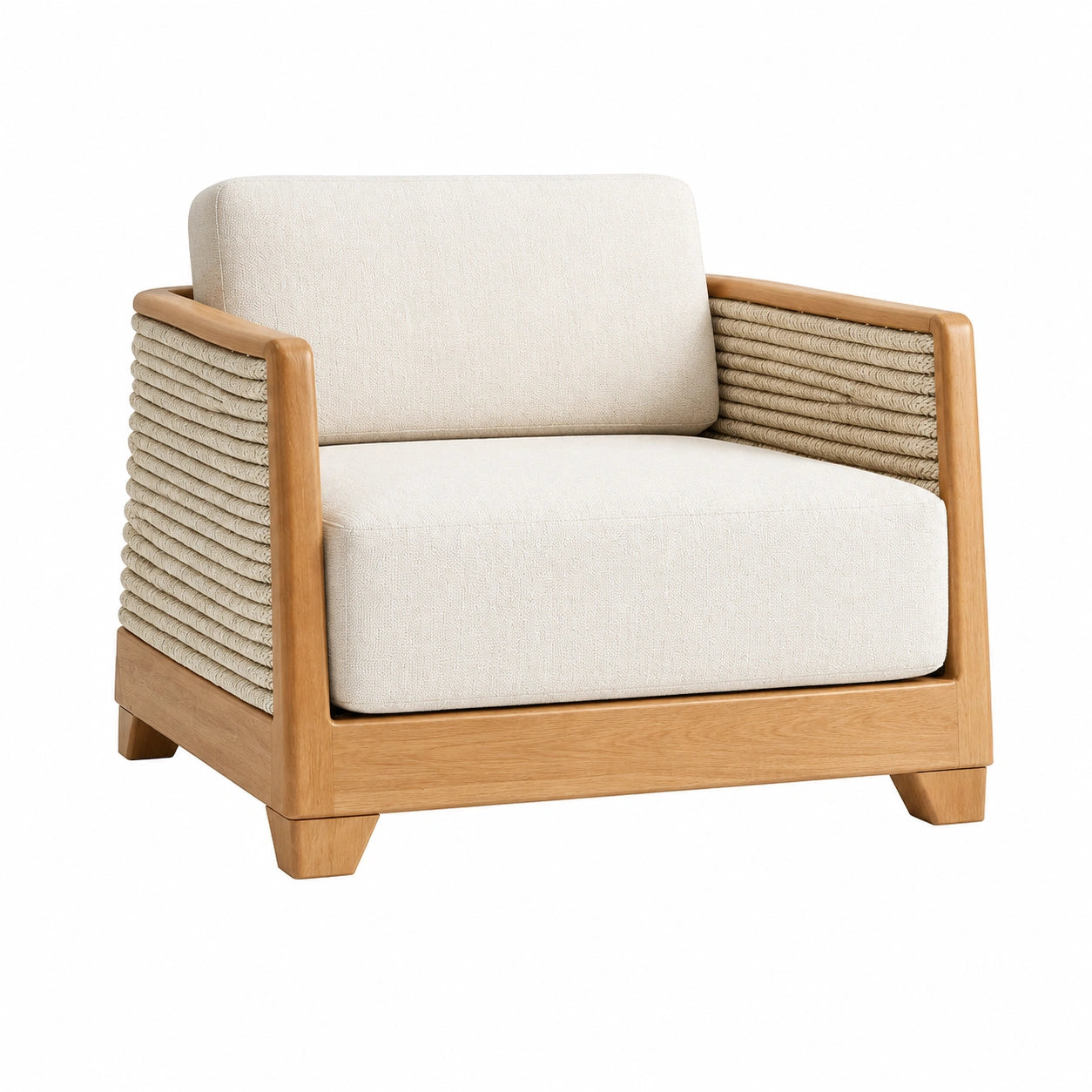 Sillón de madera y cuerda con cojines de poliéster crema