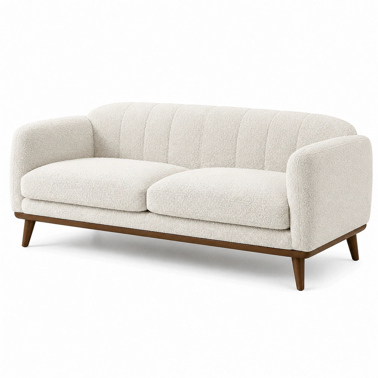 Sofá de 3 plazas de tejido bouclé crema con base de madera, 210 cm