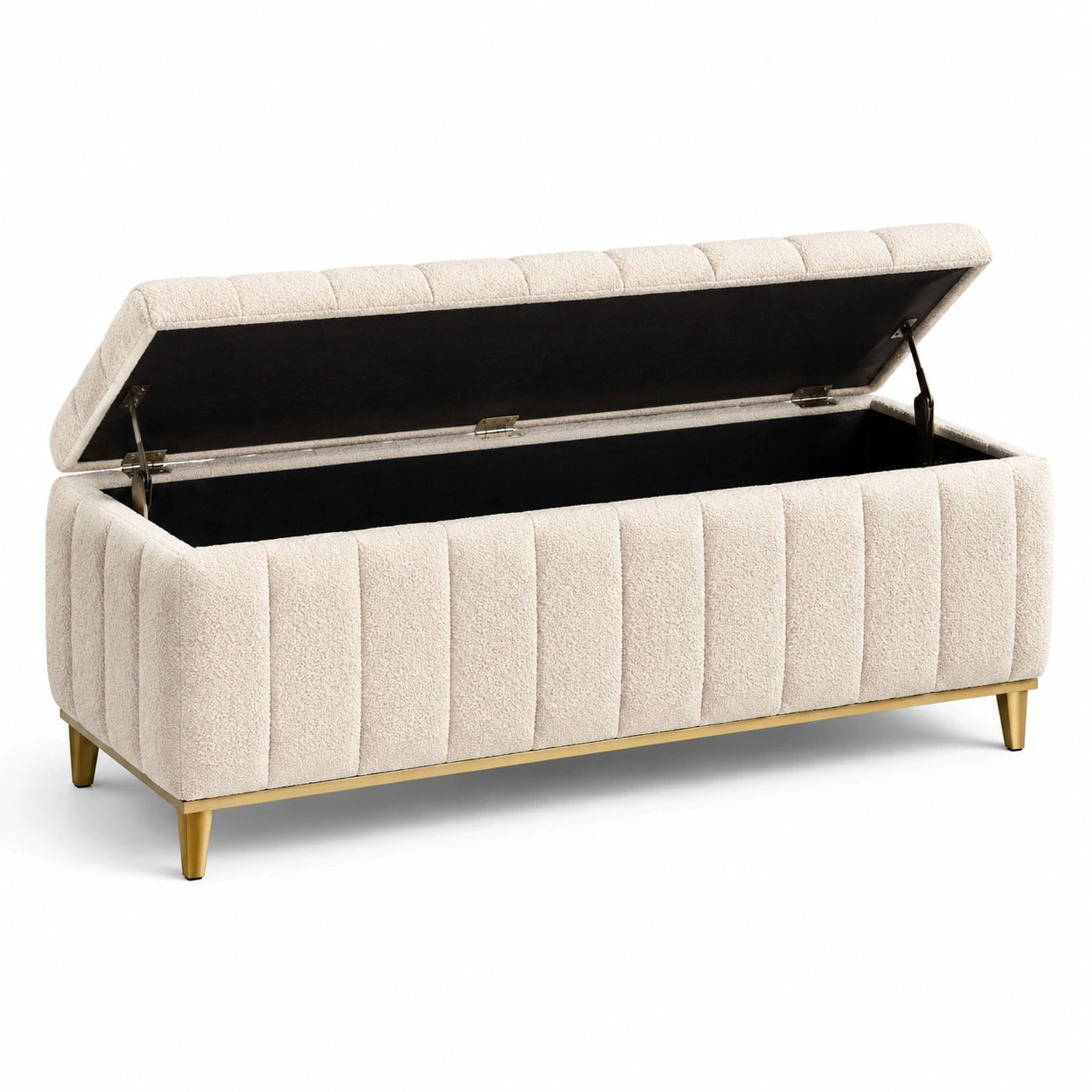 Banco de almacenamiento en tela bouclé beige con patas de metal dorado 120x40x45 cm