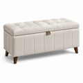 Banco de almacenamiento de poliéster beige con patas de madera maciza