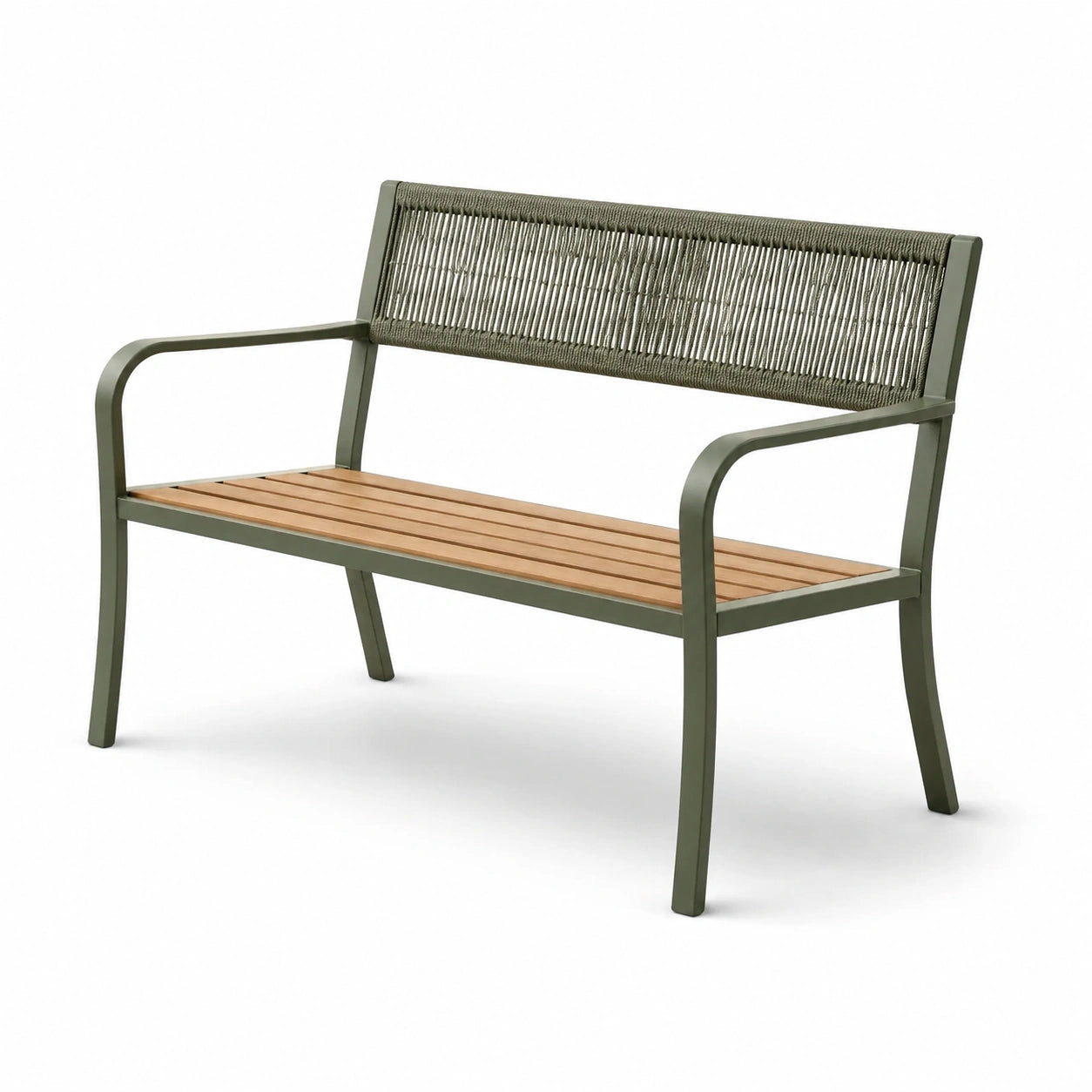 Banco de acero y teca con respaldo de cuerda, 120 cm, verde