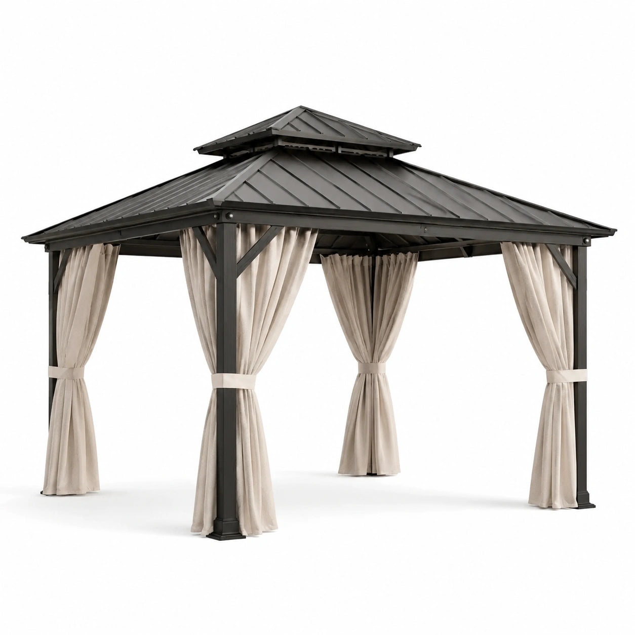 Pérgola de Aluminio con Techo de Acero y Cortinas de Poliéster 3x3m Beige/Negro