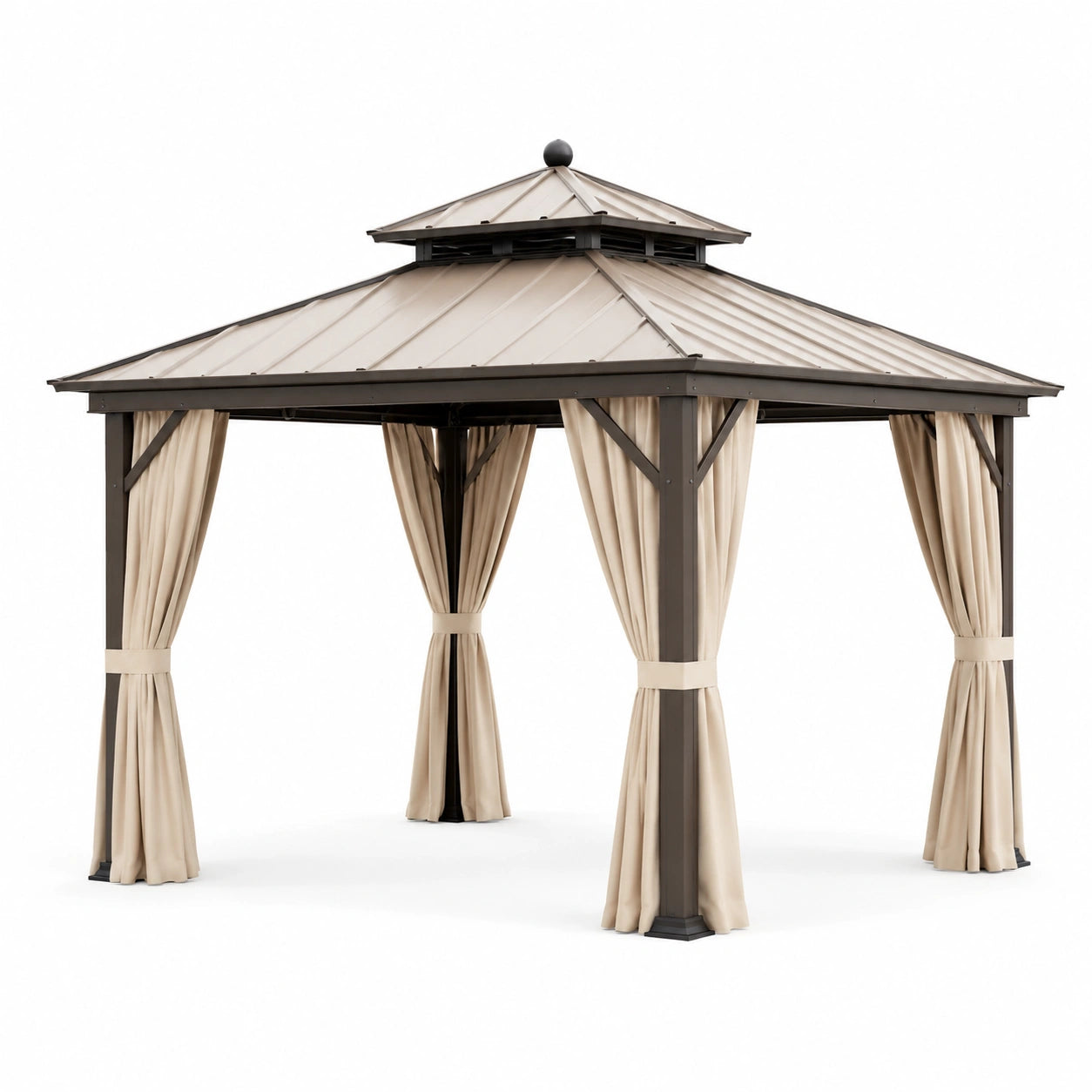 Pérgola de Aluminio con Techo de Acero Galvanizado y Cortinas de Poliéster Beige 3x4m