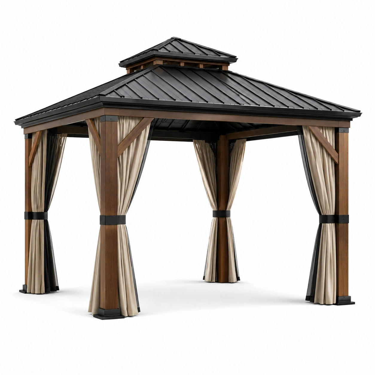 Gazebo de metal y madera 3x4m con cortinas de poliéster beige