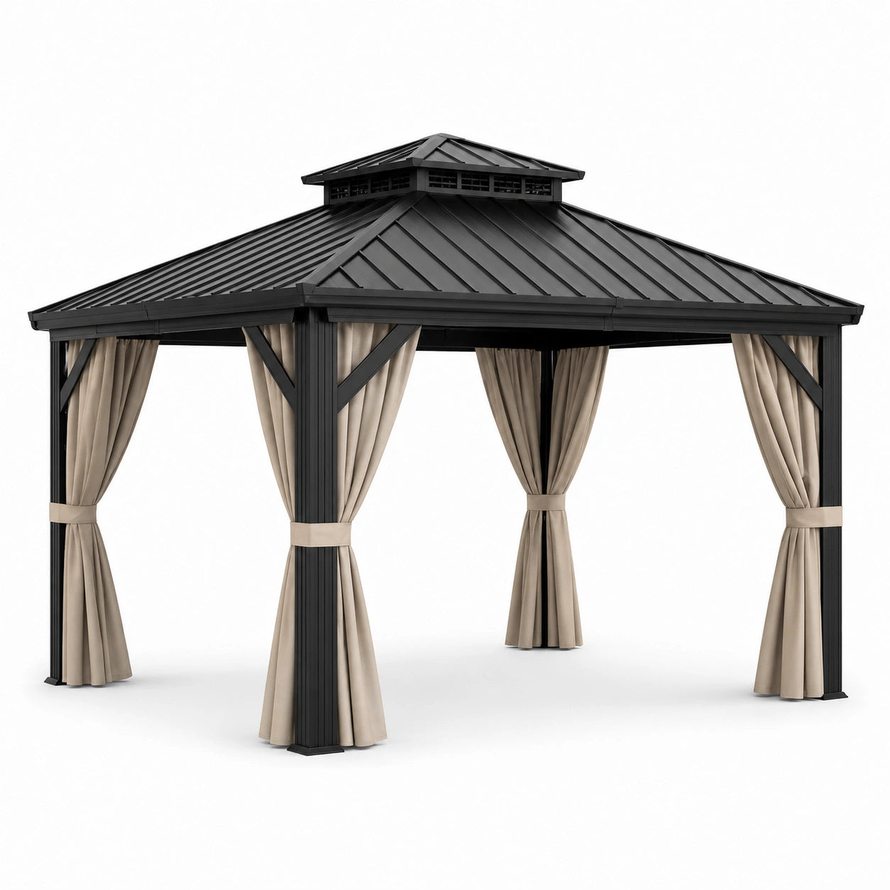 Pérgola de Aluminio 3x4m con Techo de Acero Galvanizado y Cortinas de Poliéster